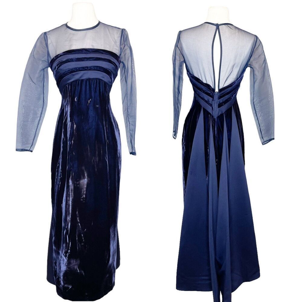 Vintage 90s Victor Costa XS Formal Ball Gown Navy Blue Velvet Dress Sheer Sleeve